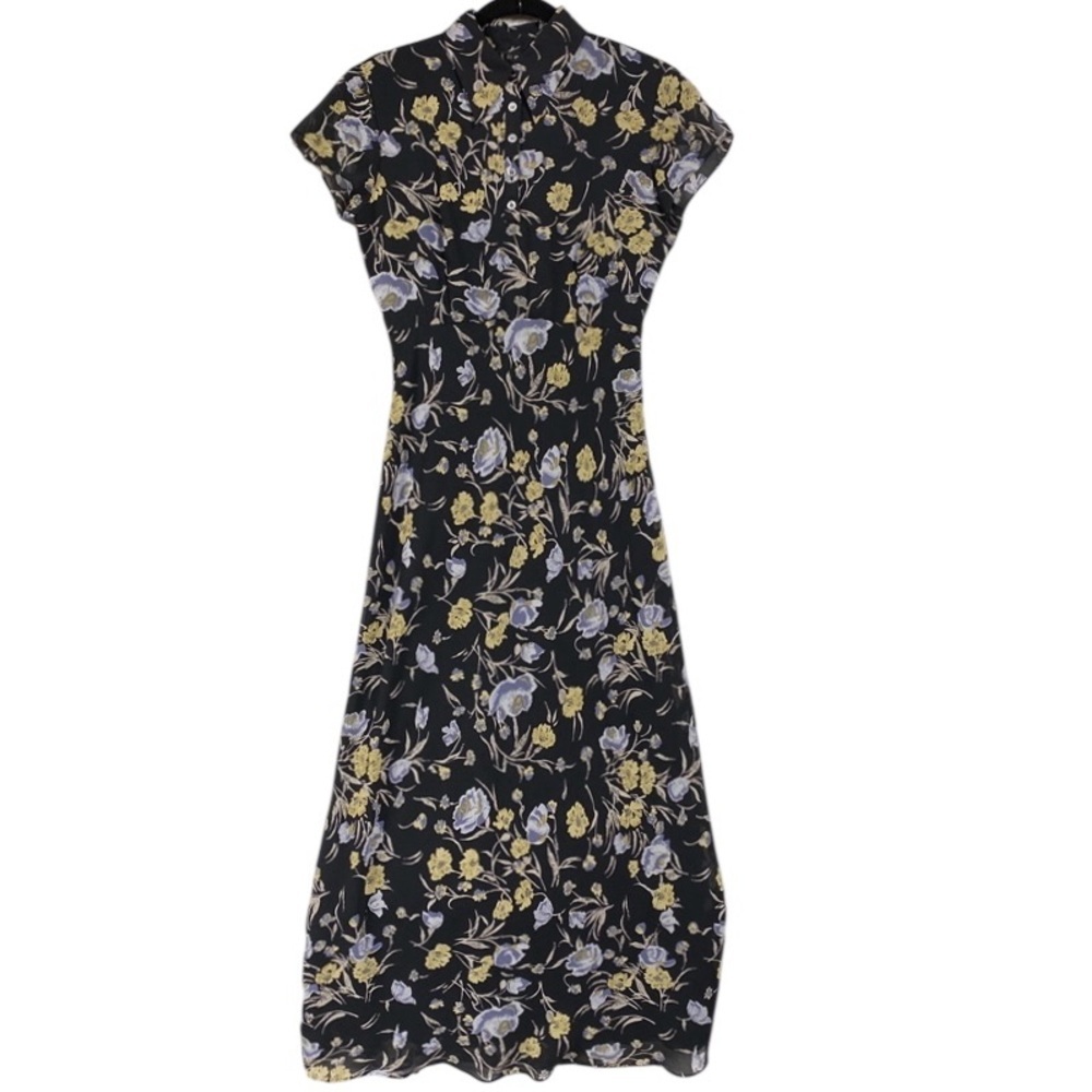 Thomo Retro Dark Floral Polo Feminine Maxi Dress Sz EU 38 Modest Sheer